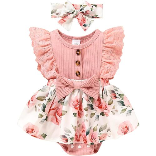 Baby Girl Clothes Newborn Ruffled Sleeveless Romper Floral Dreesy Bodysuit Heaedband 3pcs Baby Girl Summer Clothes