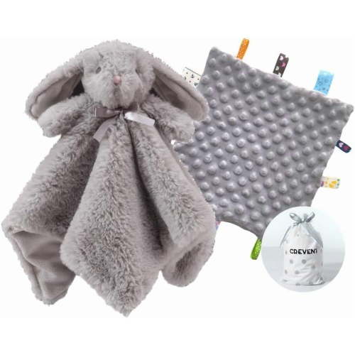 CREVENT Cozy Plush Baby Security Blanket SET for Newborns Baby Boys Girls, Baby Shower Gift, 2 items, Unisex, Grey Bunny+Tag