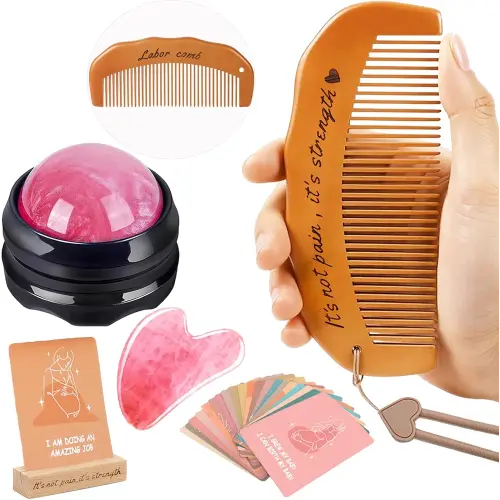 Birthing Comb Labor Gifts for Pregnant Women, Natural Labor and Delivery Essentials with Wooden Labor comb,Pregnancy Birth Affirmation Cards,Massage Roller Ball,Facial Massager,Storage Bag,Wooden Base