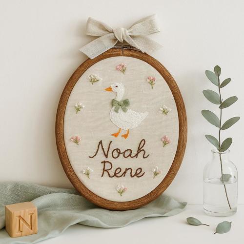Custom Baby Name Hoop with Goose Embroidery: Handmade Nursery Wall Decor