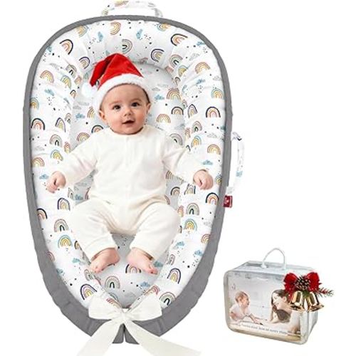 Baby Lounger - 100% Cotton Breathable Infant Lounger for Newborn, Portable Baby Nest for Home and Travel, Waterproof Lining, Newborn Babies Essentials Gifts