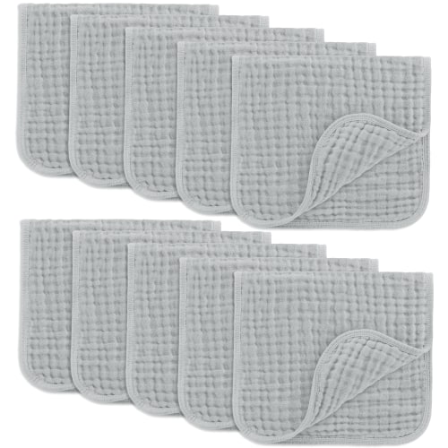 Comfy Cubs Muslin Burp Cloths - Large 100% Cotton Washcloths, 6 Layers (Heather Blue, 10-Pack, 20"X10")