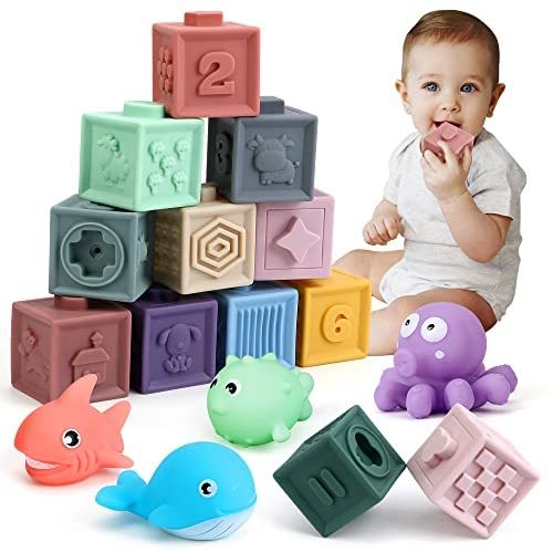Elf Lab Baby Block Soft Building Blocks, Baby Teethers Toy with Developmental Sensory Infant Animal Bath Toy, Squeeze Play with Number Shapes Fruit and Textures for Babies Toddlers 6 to 12 Months Up