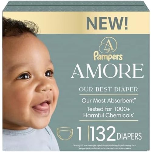 Pampers Amore Premium Baby Diapers Starter Kit, Sizes 1 (132 Count) & 2 (120 Count) with Aqua Pure Baby Wipes, 8X Pop-Top Packs (448 Count)