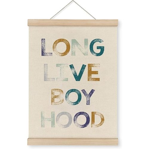 MAQIKA Boy Nursery Poster Framed with Wood Hanger, Kids Playroom Hanging Wall Decor, Long Live Boyhood Canvas Wall Art Paints for Kids Toddler Boys Nursery Room Bedroom Playroom, 12x16 Inch