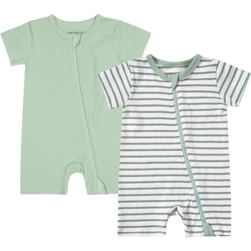 Teach Leanbh Unisex Baby 2 Pack Pajamas Cotton Short Sleeve 2 Way Zipper Stripe Soild Romper Jumpsuit Sleep and Play