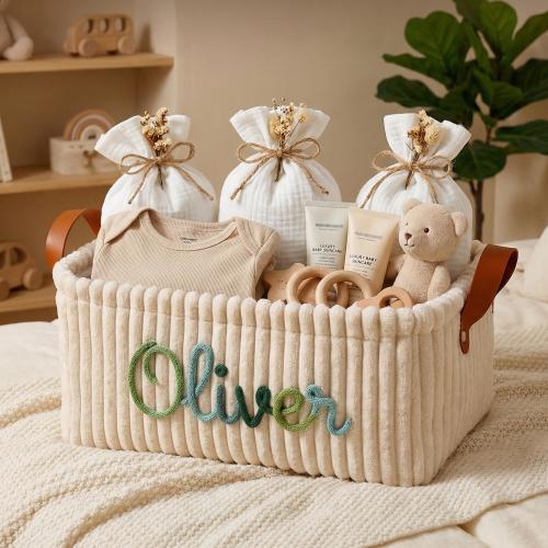 Personalized Embroidery Baby Storage Basket - Custom Embroidered Name Toy Box - Baby Shower Gift Knitted Wire Art
