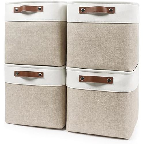 Collapsible Fabric Storage Cubes 11x11 Cube Storage Bins, 4 Pack Closet Baskets Box with Handles for Organizing, Shelf, Toys, Clothes, Home, Office, Nursery (Beige&White)