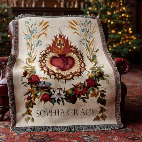 Personalized Sacred Heart of Jesus Blanket – Catholic Throw, Family Name Blanket, Sacred Heart Gift, Christmas Catholic Gift Name Customize