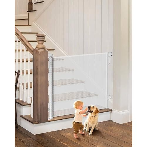 Retractable Baby Gate for Stairs - 55" Wide Mesh Dog Gate Indoor, Two-Step Safety Lock, 34" Tall Child Gate for Doorways, Hallways, Deck, Indoor Outdoor Garage, White
