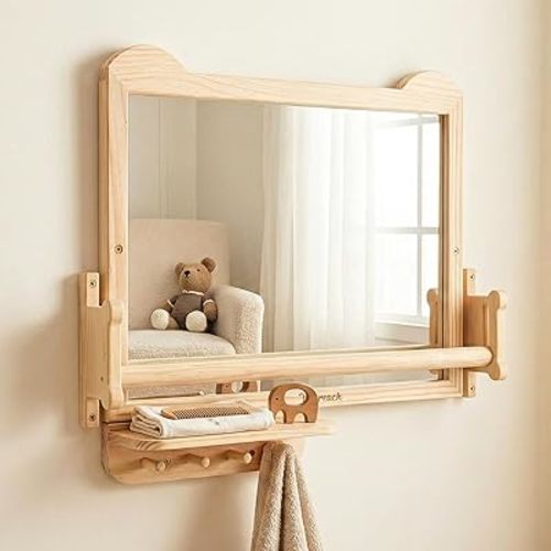 Montessori Baby Mirror with Adjustable Pull-Up Bar & Shelf, Shatterproof Acrylic, Wall-Mounted for Tummy Time, Infant Standing Training, Toddler Bedroom & Nursery Use