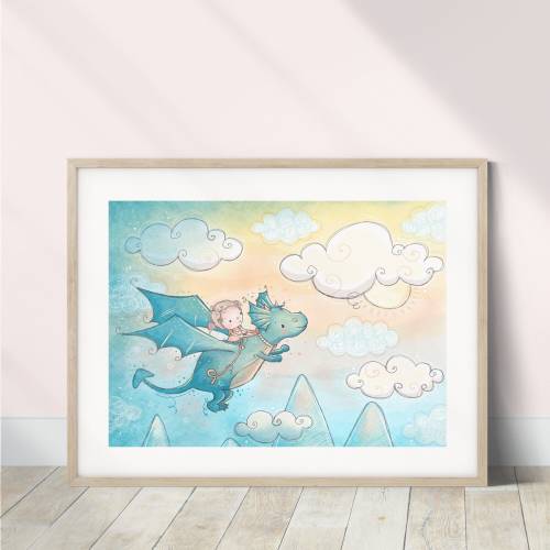Cute Dragon Art Print | Fairytale Nursery Wall Art for Girls | Whimsical Fantasy Room Decor | Soft Magical Kids Print | Storybook Theme