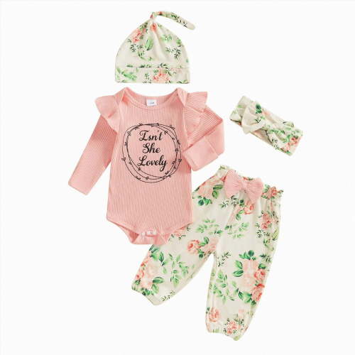 felwors New To The Crew Baby Girl Outfit Newborn Coming Home From Hospital Outfits Ribbed Romper Bodysuit Floral Pants Set (Newborn,Red)
