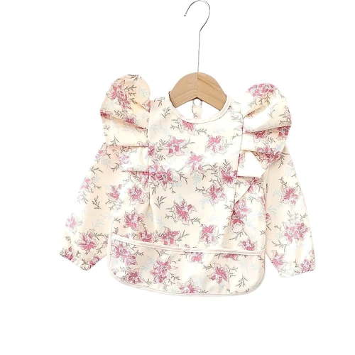 The Cuddly Fig - Waterproof Long Sleeve Ruffle Baby Bib with Floral Pattern, Medium 18mos-3T