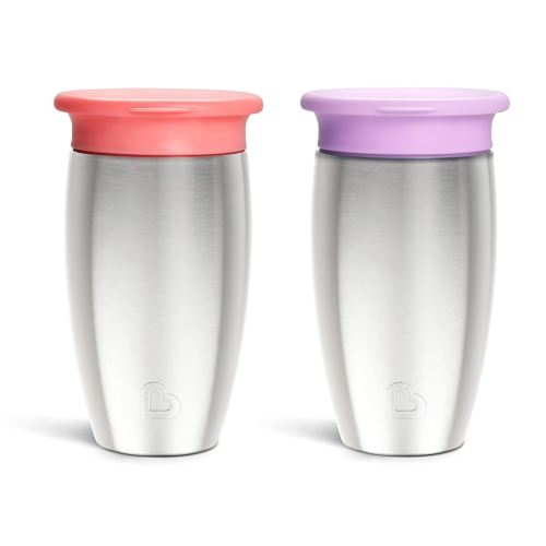 Munchkin Stainless Steel Sippy Cups for Toddlers 1-3, Spill Proof Miracle 360 Cup, Insulated, 10 Ounce, 2 Pack, Pink/Purple