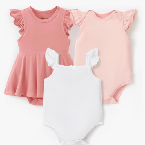 PATPAT Baby Girl Bodysuits - Soft Bamboo Viscose - Flutter Sleeves Cute Dress - Newborn Infant Summer Clothes - 3 Pack
