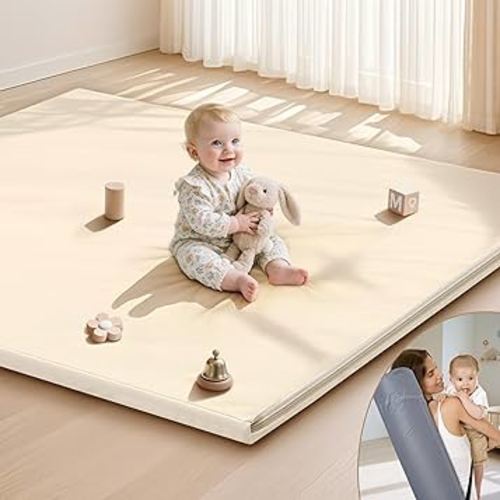 Baby Play Mat 47x47 Inches, Extra Thick 1.2" Foam Floor Mat for Tummy Time & Crawling, Waterproof Non-Slip Faux Leather Playpen Mat for Infants Toddlers, Indoor Outdoor Gym Activity, Beige