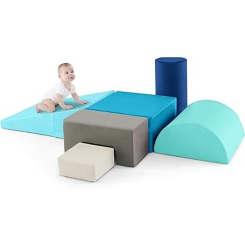 Costzon Toddler Climbing Toys, 6 Pieces Climb and Crawl Playset with PU Cover for Baby Crawling, Climbing & Walking, Indoor Foam Climbing Blocks for Toddlers (Blue)