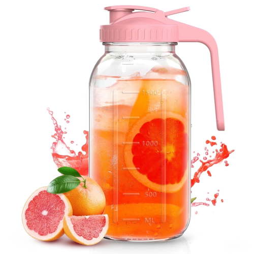 Glass Pitcher with Lid - 64 oz (2 Quart) Mason Jar Pitcher with Top Flip Cap & Pour Spout, Wide Mouth Jar Leak-proof Water Jug for Water, Juice, Milk, Tea, Iced Coffee, and Drinks, Pink(1 Pack)