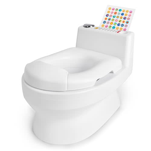 Fisher-Price™ 2-N-1 Potty Trainer with Flushing Sounds, Chart & Storage – White Floor Potty Chair with Splash Guard, Removable Ring & Bowl, Patented Snap Safe Ring Technology