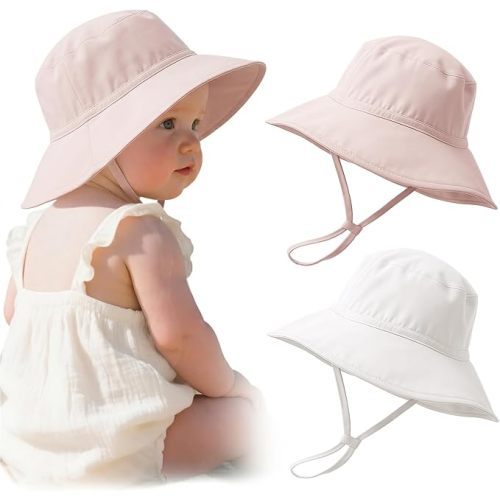 Konssy Muslin Baby Sun Hat 2-Pack, UPF 50+ Sun Protection Wide Brim Summer Beach Hat, Bucket Hat for Girls and Boys