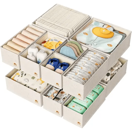 Cotton Linen Drawer Organizer for Baby Clothes, 12Pack Foldable Nursery Dresser Divider, Multi-Size Set Dresser Drawer Organizer for Nursery, Bedroom and Closet, Beige