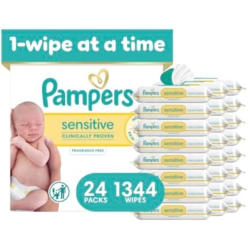 Pampers Sensitive Baby Wipes, Unscented, Fragrance Free, Clinically Proven, Water Based, Hypoallergenic, Multi-Use, Hand Wipes, 1344 Wipes Total (24X Flip-Top Packs)