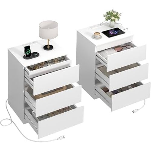 Nightstands Set of 2 with Charging Station and Hidden Drawer, 26"H, White