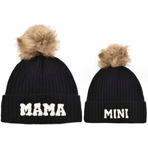 KABAKE 2Pcs Parent-Child Beanie Hat, Mama and Mini Embroidery Winter Warm Knit Hat, Pom Pom Mother & Baby Soft Ski Cap
