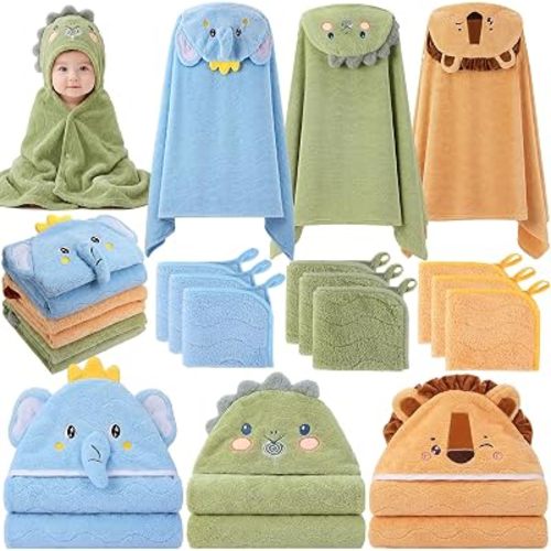 Tegeme Large Hooded Baby Towel with 9 Washcloths(10") Ultra Absorbent Coral Fleece Toddler Bath Towel for Newborn Infant Boy Girl (12 Pcs,Safari Animals)
