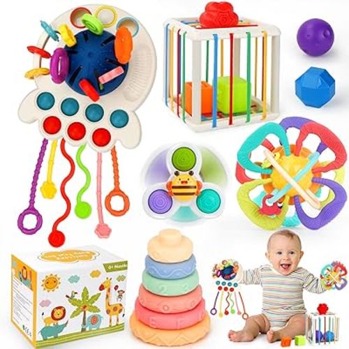 Baby Toys 0-6 Months,5 in 1 Montessori Toys for Babies 6-12 Months,Pull String Infant Teething Toys,Stacking Rings,Color Shape Sensory,Suction Cup Spinner Toys for 0-3-6-9-12 to 18 M+ Birthday Gifts