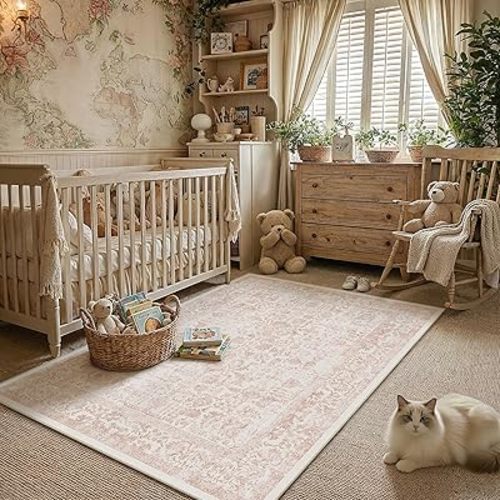 PureCozy Pink Area Rug 4x6 Office Entryway Rug Machine Washable Kitchen Vintage Distressed Non Slip Carpet Indoor Retro Floral Accent Throw Door Mat for Bathroom Bedroom Dining Living Room