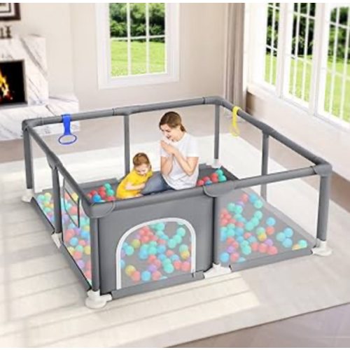 Baby Playpen 47×47 Inch, Small Playpen for Babies and Toddlers Playards Indoor & Outdoor Safety Gate Floor Play Pen, Baby Play Area with Soft Breathable Visible Mesh, Anti-Fall, Grey