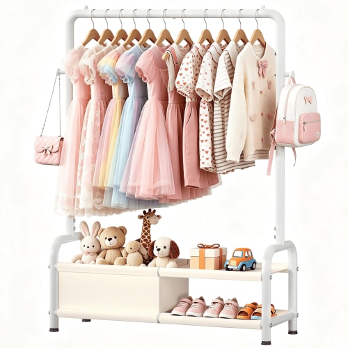 UNTIMATY Kids Clothing Rack, Baby Garment Rack with Hanging Rods & Storage Shelves, Kids Dress Up Rack Storage for Coats, White