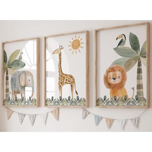 Eviepops Prints Cute Safari Animals Set of 3 Unframed Prints for Baby Girl or Boy Nursery Bedroom Playroom, Nursery Décor, Watercolour Jungle Wall Art, Giraffe Elephant Lion Toucan Parrot (8x10)