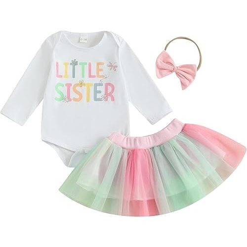 Big Sister Little Sister Matching Outfits Toddler Baby Girl Long Sleeve Shirt Romper with Tulle Skirt Clothes 3Pcs