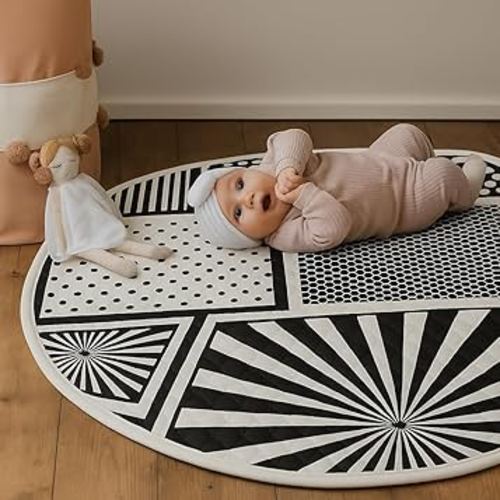 Byrd & Blume Reversible Round Baby Play Mat – Black & White Print/Solid Gray