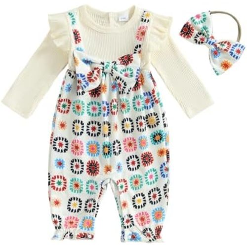 Emmababy Baby Girl Crochet Romper Long Sleeve Floral Jumpsuit Crochet Flower Bubble Romper Headband Set Newborn Fall Clothes