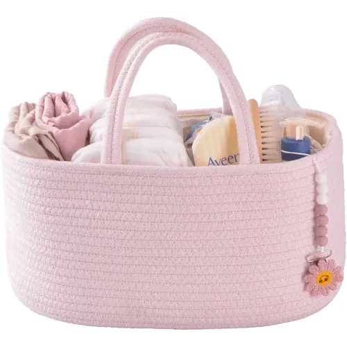 Baby Diaper Caddy Organizer for Girl Boy Rope Nursery Storage Bin Basket Portable Holder Tote Bag for Changing Table Car Travel Baby Shower Gifts Newborn Essentials Registry Must Have Items Pink