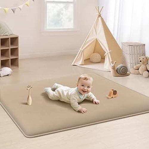 PapaMama 1.3" Thick Plush Baby Crawling Mat, 50x50 Playpen Mat, Ultra Soft Foam Play Mats for Baby, Water-Repellent Coral Velvet for Tummy Time, Nursery Rug with Non-Slip Backing, Non Toxic Suitable Toddlers（Beige）