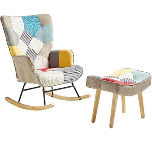 Nursery Rocking Chair, Baby Toddler Glider Rocker with Ottoman, Comfy Accent Chair, for Bedroom Living Room Small Spaces, Patchwork Linen, Colorful