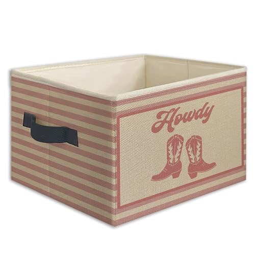 Pink Western Howdy Foldable Storage Bins Box with Handles, Cowgirl Boots Western Nursery Striped Collapsible Toys Books Clothes Organizer Basket for Girl Nursery Room Bedroom Bathroom