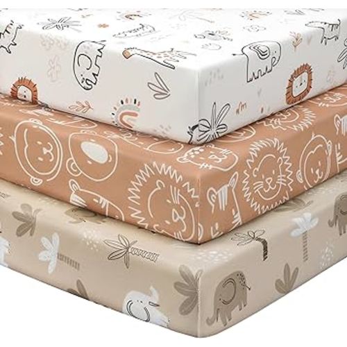 Baby Crib Sheets for Boys and Girls, 3 Pack Toddler Bed Sheets for 52”x28” Standard Toddler Mattresses, Soft Microfiber Fitted Crib Sheets Neutral Orange Animal World