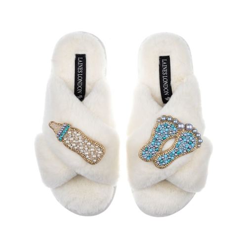 Classic Laines Slippers With New Baby Boy Brooches - Cream | LAINES LONDON | Wolf & Badger