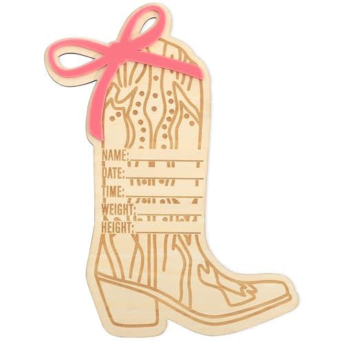 Wooden Baby Birth Announcement Sign - Hello World Newborn Photo Prop, Personalized Name & Date Plaque, Shower Decor, Nursery Keepsake for Newborn Photography (Cowgirl Bow&Boot Western Baby)