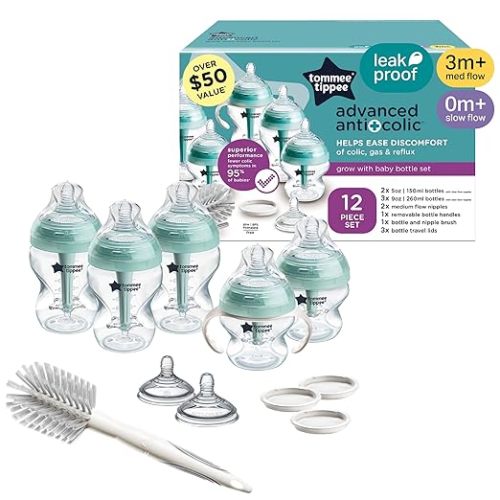 Tommee Tippee Advanced Anti-Colic 12 Piece Set, 5 oz and 9 oz BPA Free Bottles, Newborn 0+ Months, Includes Slow & Medium-Flow Breast-Like Nipples and Bottle Handles and Cleaning Brush