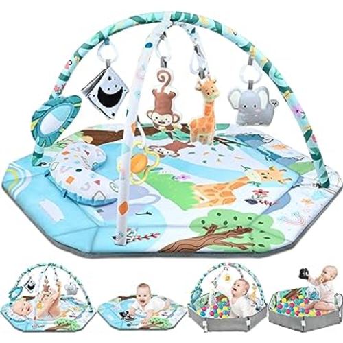 Baby Gym Play Mat, 8-in-1 Tummy Time Mat & Ball Pit with 6 Toys, Washable Baby Activity Play Mat for Visual, Hearing, Sensory, Motor Development, Baby Toys Gift for Toddler Infant 0-3-6-9-12 Months