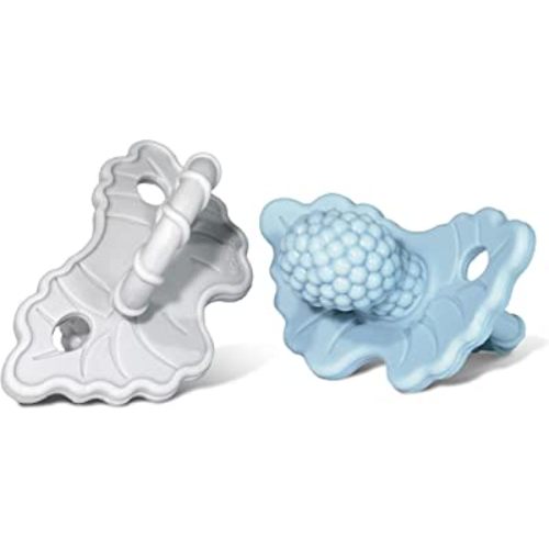 RaZbaby RaZberry Silicone Teether Pacifier – Teething Relief for Infants 3m+, Food-Grade, BPA-Free, Hands-Free, Natural Berrybumps Fruit Texture for Sensory Development, Freezable 2-Pack, Blue & Grey