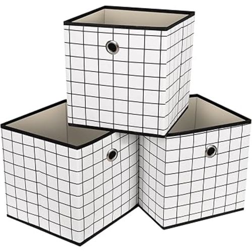 Foldable Storage Cubes Bins,11 Inch Cloth Storage Cube Fabric Storage Box Cubes Organizer Baskets with Dual Handles for Home Organizer Set of 3 (White grid)
