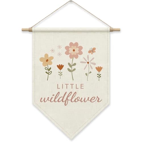 Girls Nursery Decor, Little Wildflower Pennant Hanger Banner | Boho Floral Canvas Wall Art for Kids Toddlers Teens Bedroom Playroom, 16.5 x 13.7 Inch